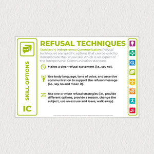 Refusal Techniques: National Health Education Skills Assessment poster for the classroom.