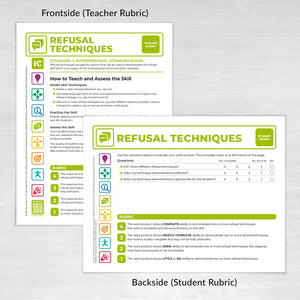 Teacher (frontside) and Student (backside) Refusal Techniques Rubric Card based on the National Health Education Standards: Model Guidance for Curriculum and Instruction (3rd Edition) developed in 2022 by the National Consensus for School Health Education.
