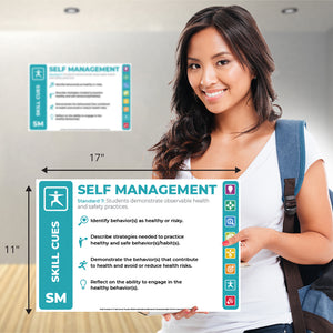 Teacher holding a Self Management National Health Education Skills Assessment poster for the classroom.