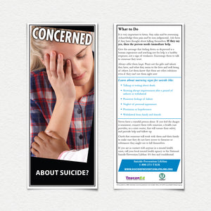 Concerned About Suicide? Front and back of Fact Cards. Concerned caregiver listening to a sad girl.