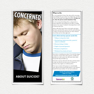 Concerned About Suicide? Front and back of Fact Cards. Sad teenage boy looking down.