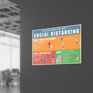 11" X 17" Laminated English poster on business office wall: Guidelines for Safe Social Distancing. Keep Your Distance, Stay Protected, Enjoy Safe Activities. 