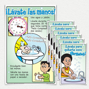 ¡Lávate las manos! 50 pamphlets and one 11" X 17" laminated poster.