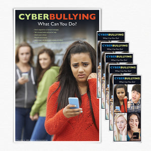 Cyberbullying. What Can You Do? 11" X 17" Laminated poster with 50 fact cards. Worried girl in red, looking at cell phone. Two girls behind her—looking at their cell phones, are bullying her.