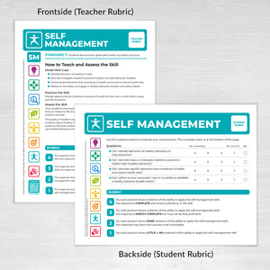 Teacher (frontside) and Student (backside) Self Management Rubric Card based on the National Health Education Standards: Model Guidance for Curriculum and Instruction (3rd Edition) developed in 2022 by the National Consensus for School Health Education.