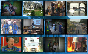 Video still from the CERT basic training videos showing first aid, hurricane damge, training demonstrations, flooding, hazmat, search and rescue, mass casualty, and fire chief interview.