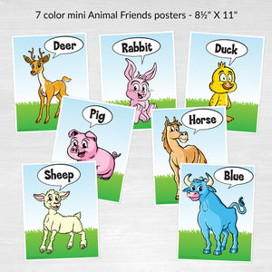 7 - 8.5" x 11" full color Animal Friend mini posters, featuring Deer, Rabbit, Duck, Pig, Horse, Sheep, and Blue the bull. Also available in black and white for coloring.