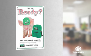Are You Ready? CERT piggy recruitment poster on office wall.