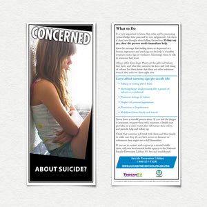 Concerned About Suicide? Front and back of Fact Cards. Girl sitting on the floor looking sad.