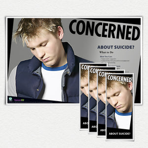 Concerned About Suicide? Kit: 1 Poster and 50 Fact Cards. Sad teenage boy looking down.