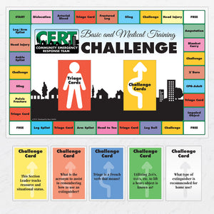 Basic and Medical Training Challenge game board and example sets of Challenge cards. Challenge categories include CERT, fire, medical, preparedness, and search and rescue.