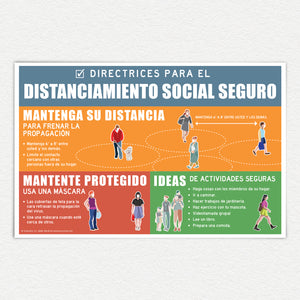 11" X 17" Laminated Spanish Poster: Directrices para el distanciamiento social seguro. Mantenga su distancia, mantente protegido, Ideas de actividades seguras.