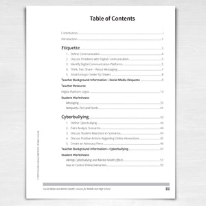 Social Media and Mental Health: Table of Contents page 1.