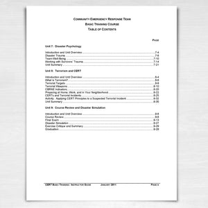 CERT Basic Training Course Table of Contents page 3.