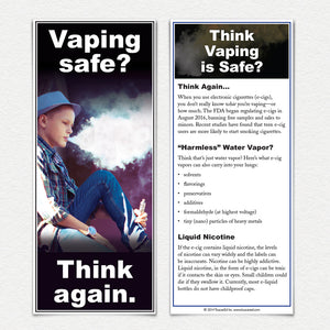 Vaping Safe? Think Again. Front and back of Fact Cards. Sold in sets of 50. Boy with hat vaping from an e-cigarette.