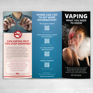 Vaping What You Need to Know Tri-fold Pamphlet. Outside view of pamphlet. Sold in sets of 50. 