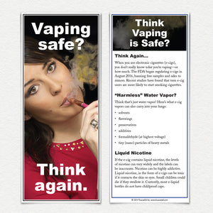 Vaping Safe? Think Again. 50 Fact Cards. Woman in red vaping on an e-cigarette.