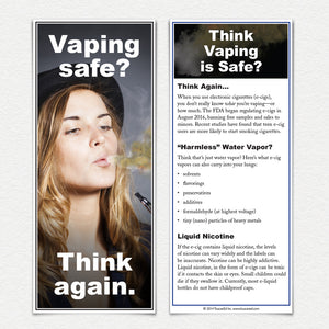 Vaping Safe? Think Again. Front and back of Fact Cards. Woman with hat vaping an e-cigarette.