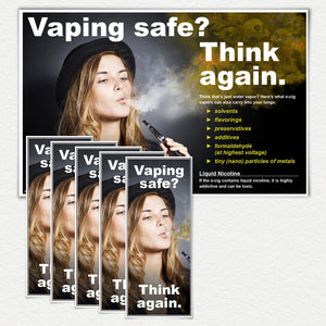 Vaping Safe? Think Again. 1 Poster and 50 Fact Cards. Woman with hat vaping an e-cigarette.