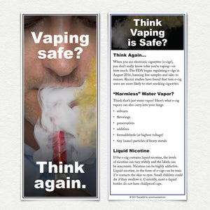 Vaping Safe? Think Again. Front and back view of Fact Cards. Man vaping on an e-cigarette.