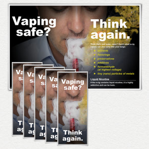 Vaping Safe? Think Again. 1, 11" X 17" laminated poster and 50 Fact Cards. Man vaping on an e-cigarette.