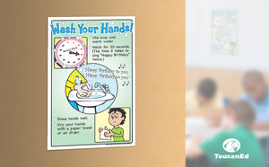 Teacher holding Wash your hands! poster hanging on wall inside a classroom.