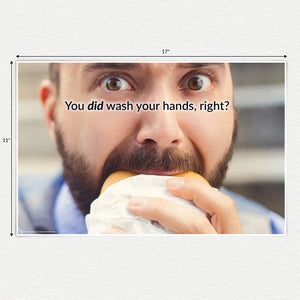 You did wash your hands, right? Bearded man eating a bagel. 11 X 17 inch laminated poster.