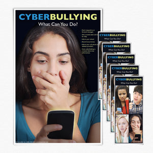 Cyberbullying. What Can You Do? 11" X 17" Laminated poster with 50 fact cards. Worried girl in blue, looking at cell phone.