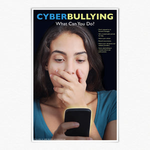 Cyberbullying. What Can You Do? 11" X 17" Laminated poster. Worried girl in blue, looking at cell phone.
