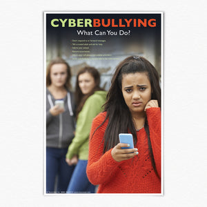 Cyberbullying. What Can You Do? 11" X 17" Laminated poster. Worried girl in red, looking at cell phone. Two girls behind her—looking at their cell phones, are bullying her.