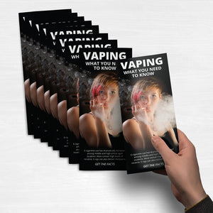 Student holding Vaping What You Need to Know Tri-fold Pamphlet. Outside view of pamphlet. Sold in sets of 50. 