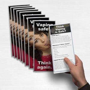 Student holding Vaping Safe? Think Again Fact Cards. Woman in red vaping on an e-cigarette.