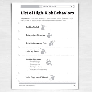 Sample page: List of High-Risk Behaviors. 