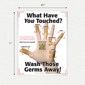 What have you touched today? Wash those germs away. 8.5 by 11 inch poster.